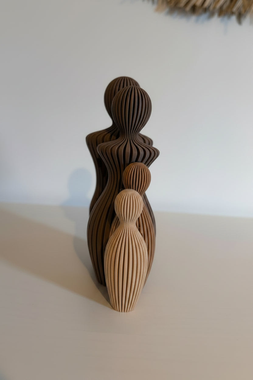 Brown ceramic sculpture of a woman on a white surface with a textured wall in the background