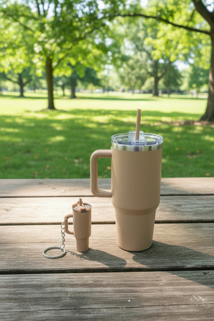 Small brown cup with a keychain on a table in a park